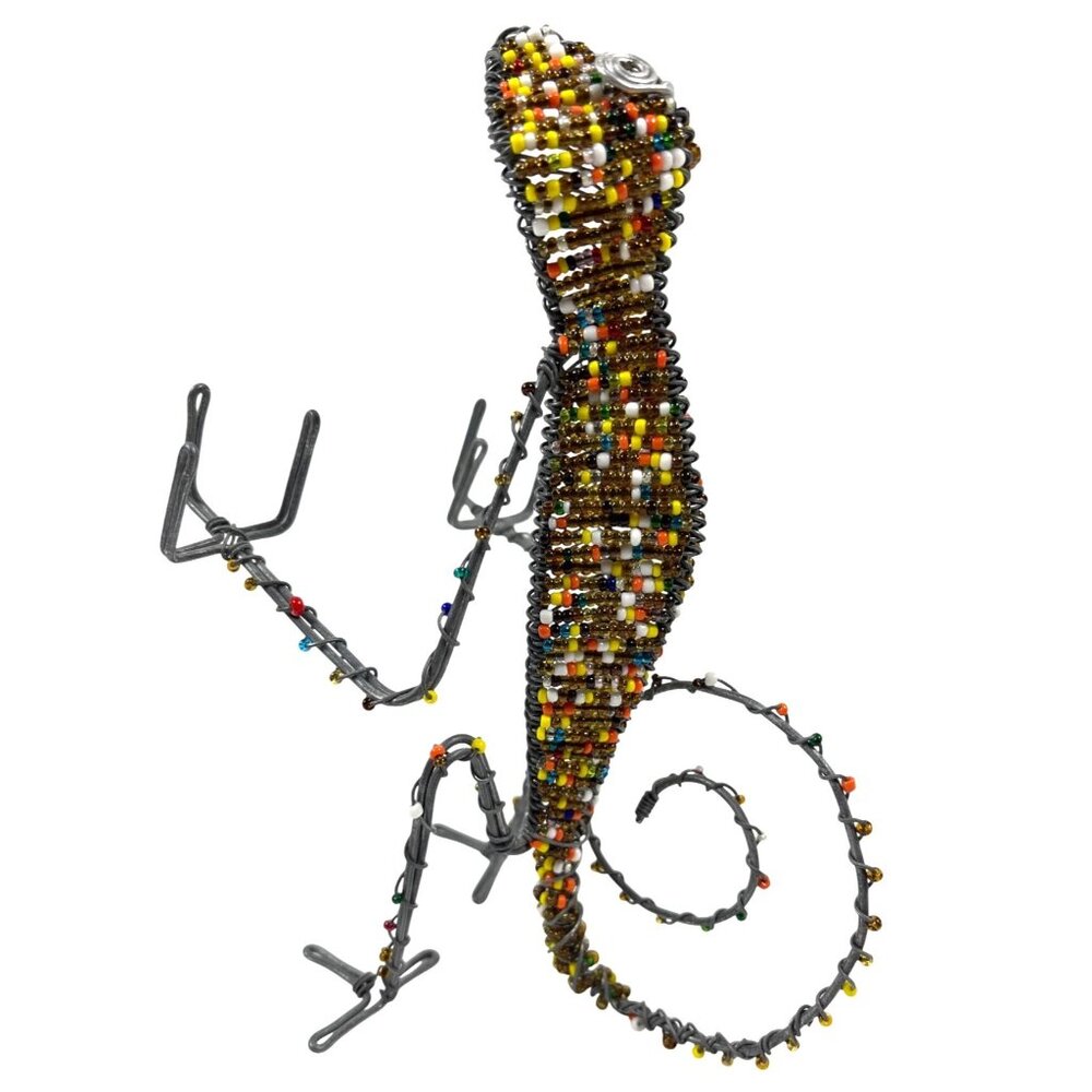 Handmade South Africa Lizard Chameleon Wire Bead Card Pen Pencil Holder Vintage - Picture 11 of 11